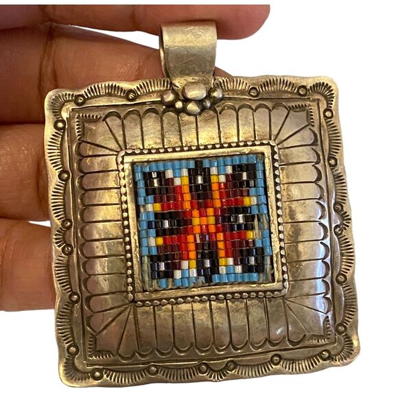 Signed GWT Sterling Silver Navajo Vintage Beaded Square Pendant Southwestern